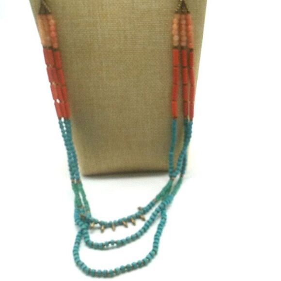 3 Strand Beaded Necklace Silver-tone Round Spacers & Spikes on 2 Leather Cords - Picture 4 of 16